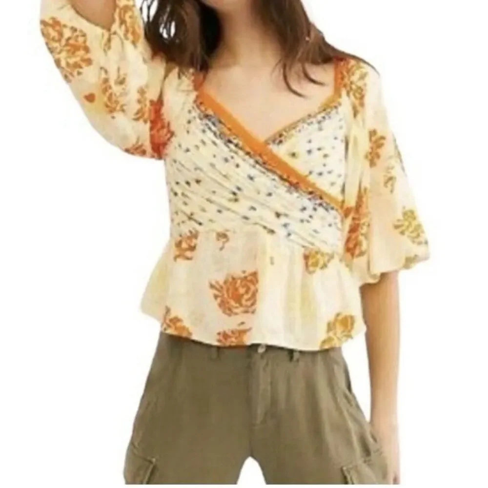 Free People Mirabella Top Size XS Floral Wrap Smocked Blouse